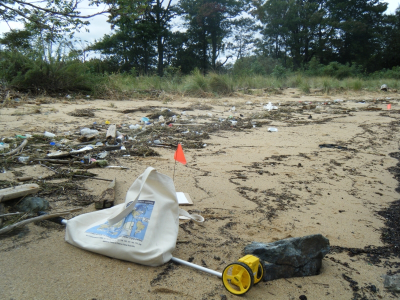 Monitoring equipment on a beach with debris.