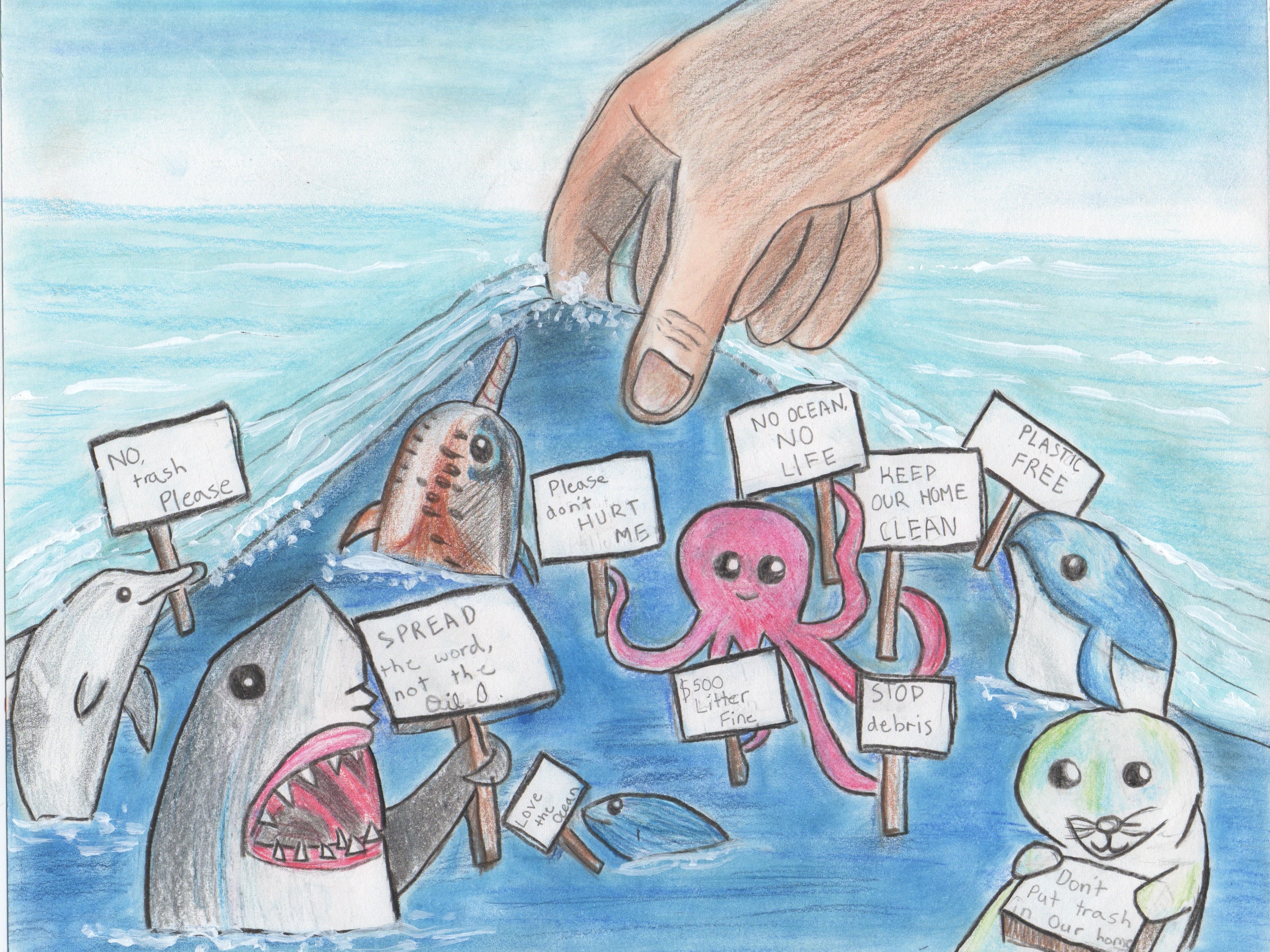 A colored pencil drawing of a hand reaching into the ocean amid sea creatures holding signs with "no littering" messages on them, artwork by Anika A. (Grade 4, Washington), winner of the Annual NOAA Marine Debris Program Art Contest.