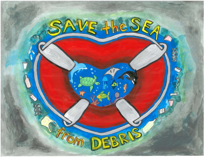 Artwork by James S., Grade 7, Louisiana, as featured in the 2018 Marine Debris Calendar. The art says "Keep the Sea Free of Debris".