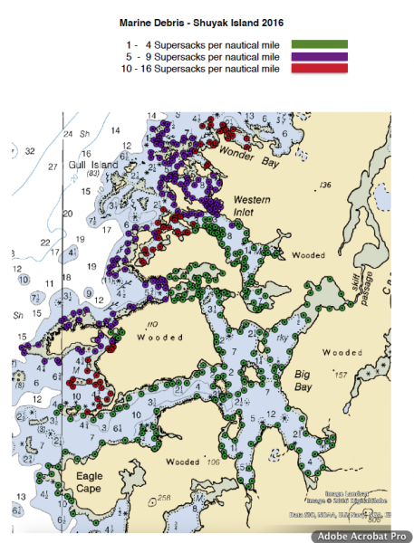 A map of how many super sacks of debris were found in certain locations around Shuyak Island.