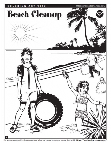 A drawing of three people cleaning up trash on a beach (Photo: NOAA).