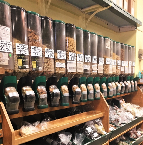 Bulk bins in a grocery store.