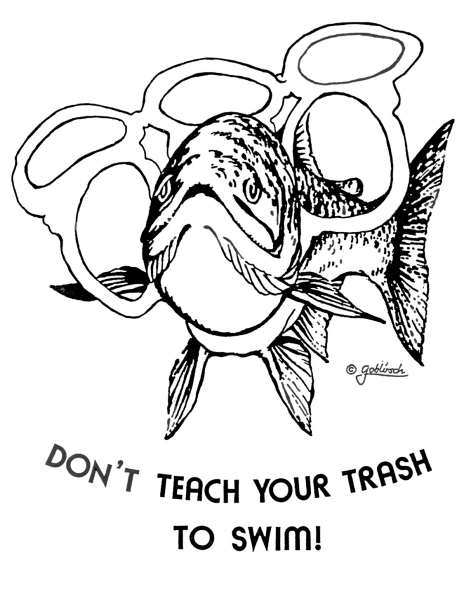 A black and white drawing of a fish stuck inside a 6 ring soda can holder.
