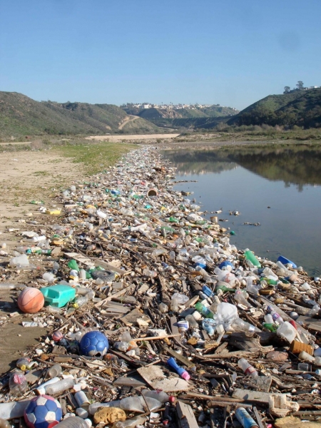 A large amount of debris along the lower part of a basin.