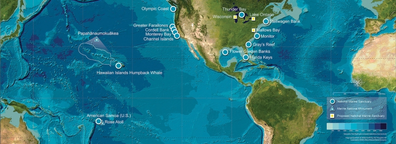 A map view of all national marine sanctuaries and monuments.