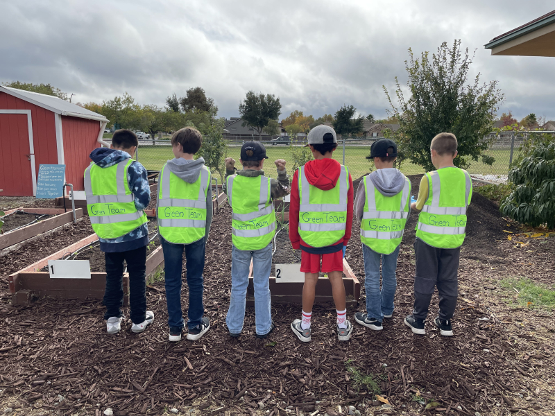 A group of students line up outside with their green team vests, ready to work.