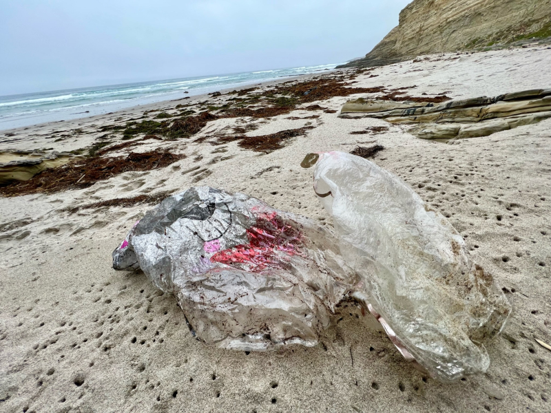 A deflated mylar balloon litters a beach. 