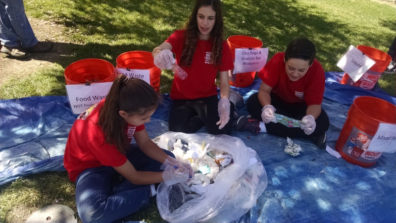 Students sort waste outside.
