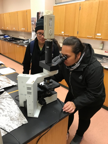 Two people look through a microscope.