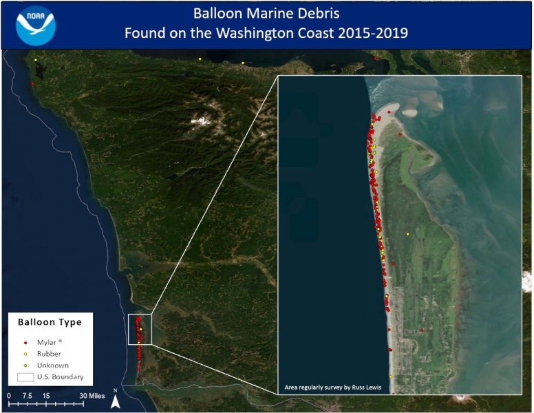 A map overview of the Washington coast depicting location and balloon type. Red dots represent Mylar® balloons, yellow dots represent rubber balloons, and green is an “unknown” balloon material type.