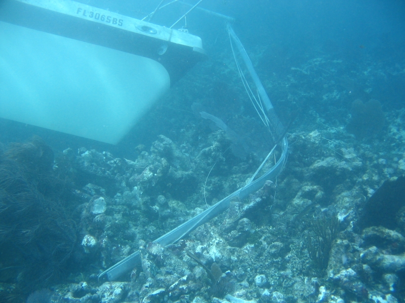 Sailboat prow stuck in a coral reef. 