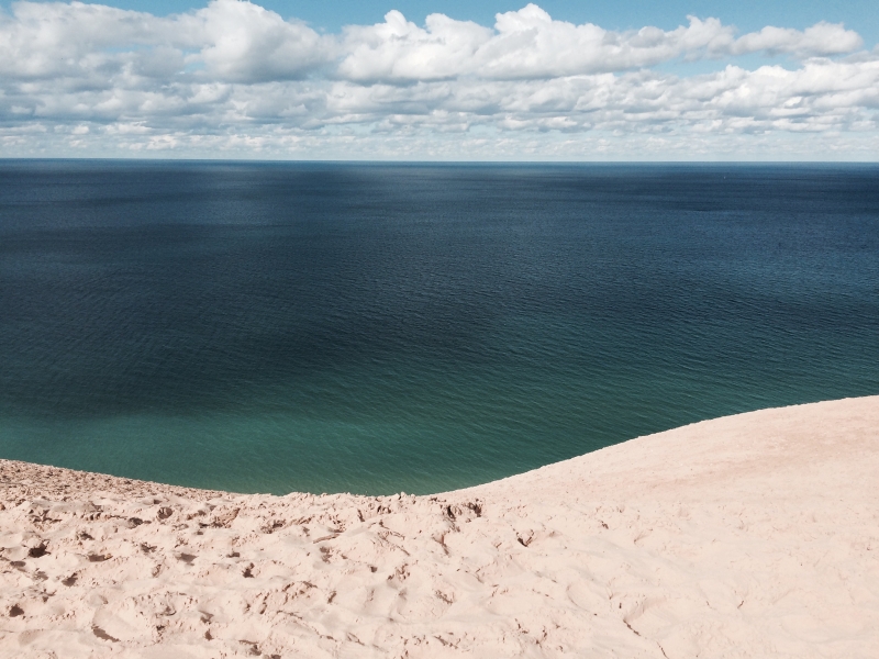 View looking out into the Great Lakes from shoreline.