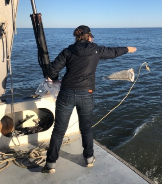 A person stands on a boat and deploys a net to collect microplastics.