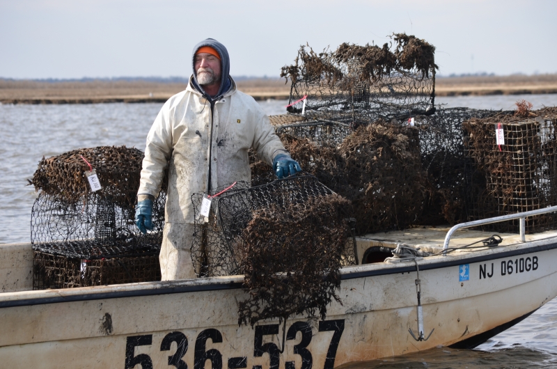 A person on a boat standing near derelict crab traps.