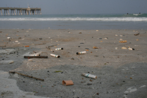 Cigarette butts on a beach.