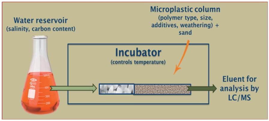 Figure showing that a small amount of ground plastic polymer was placed in a column of sand. Water with varying properties (such as various salinities, temperatures, added digestive fluid) was then passed through the column. The water was then analyzed to see what additives had leached from the plastics.