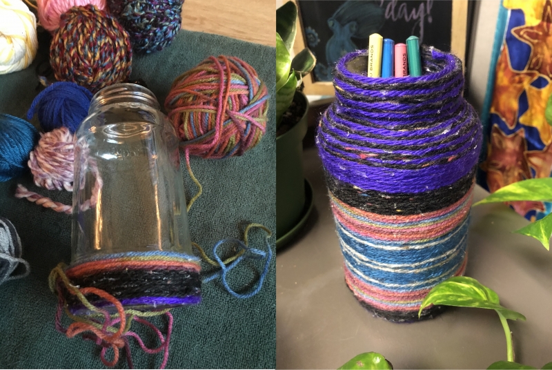 Pencil holder made out of recycled materials.