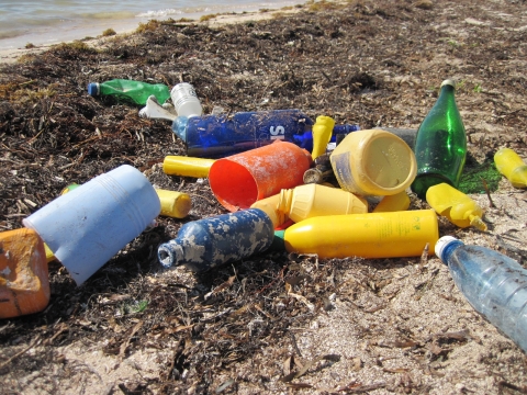Plastic debris on a beach.