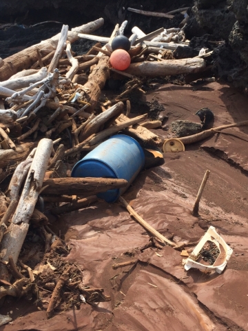 A barrel, buoys, and natural debris on a beach.