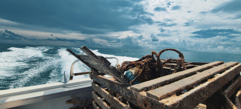 A pile of recovered derelict fishing gear piled at the back of a boat headed back to shore.