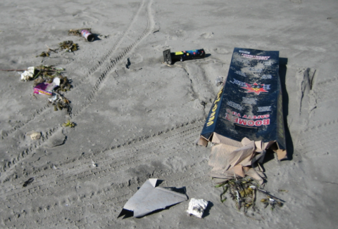 Fireworks debris on a beach.