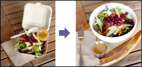 A meal in disposable containers and the same meal in reusable containers.