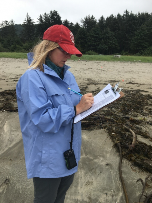 Amy Uhrin filling out a form on a beach.