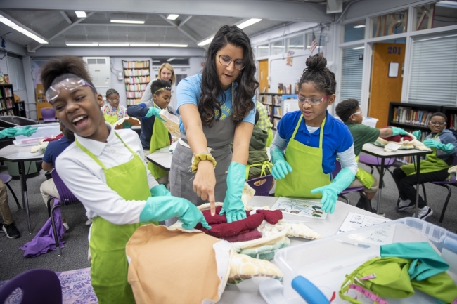 Three people lean over a stuffed animal in the shape of a sea turtle and conduct a fake dissection.