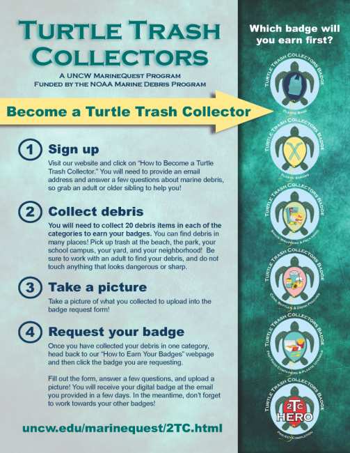A Turtle Trash Collectors poster that outlines how someone can become a "turtle trash collector" themselves.