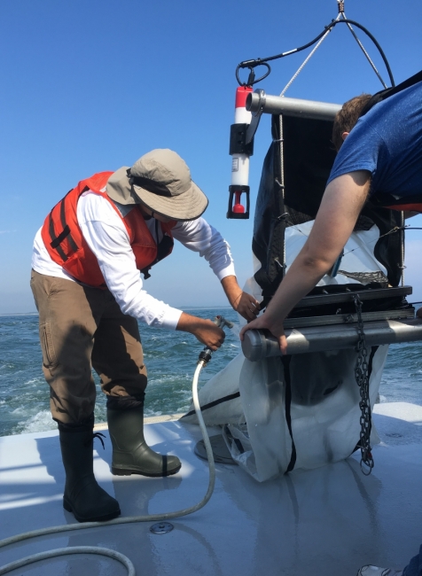 Two people work on a boat to wash down a large net.