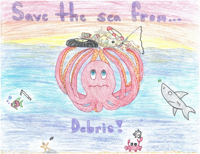 An octopus holding up debris. 