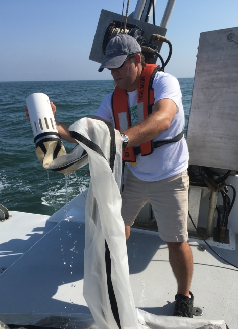 A person cleans down a large net used to collect plankton.
