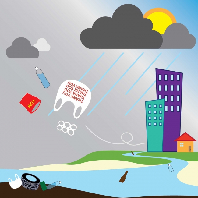A graphic of debris being blown to the water by rain and storms.