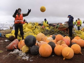 Five people sort large, round buoys into piles at a landfill in Alaska. 