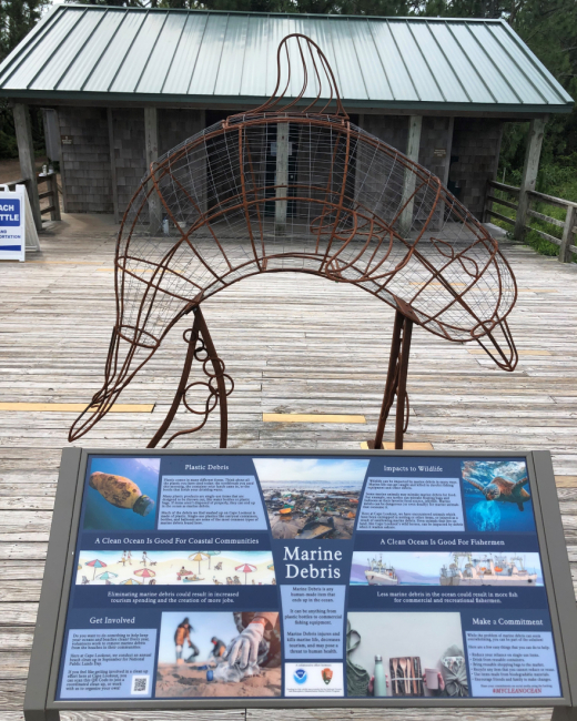 A metal frame sculpture of a dolphin next to an information panel about marine debris.