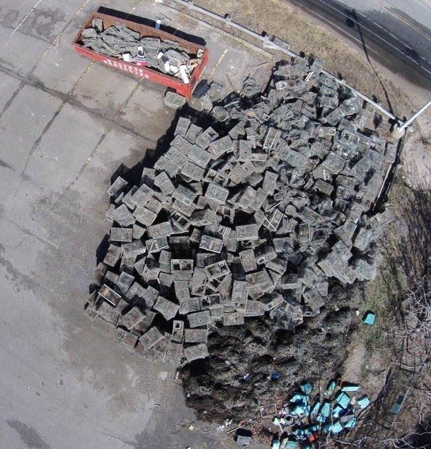 Aerial view of collected derelict fishing gear.