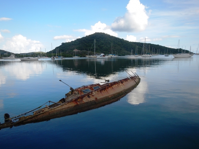 A derelict vessel partially-submerged in water.