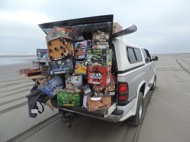 A truck filled with firework debris.
