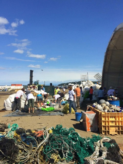 People among piles of debris, sorting it.