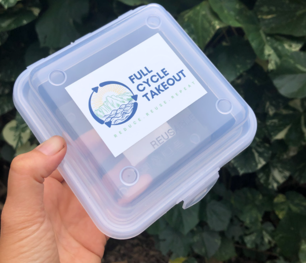 A reusable food takeout container. 