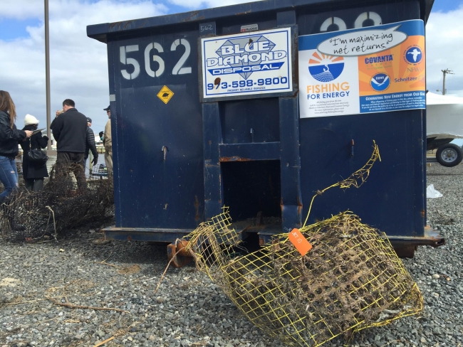 One of the Fishing for Energy bins to collect and recycle retrieved derelict crab pots.