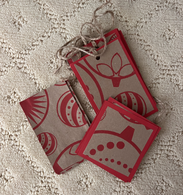 Brown paper grocery bags cut and turned into gift tags.