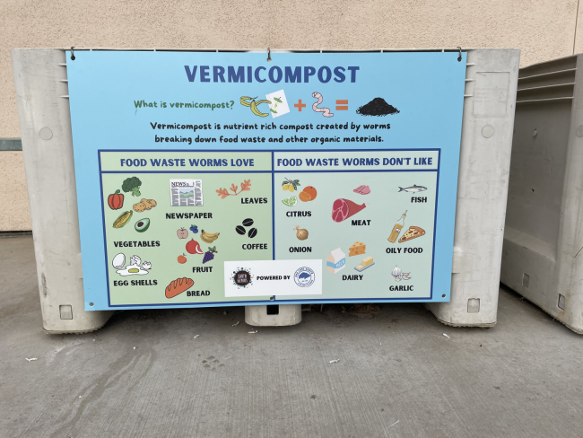 A sign explaining vermicomposting to students and their families. 