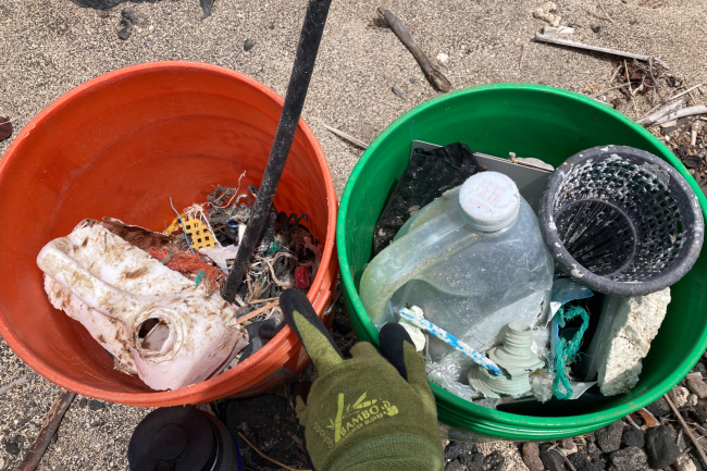 Two buckets filled with marine debris collected from a beach survey.