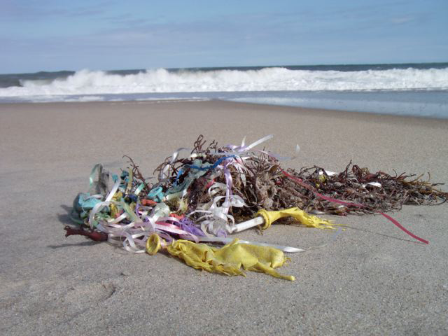 Balloons and strings wrapped in seaweed on the beach.
