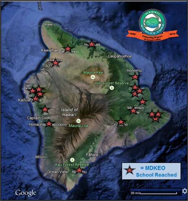 A map of Hawaiʻi Island showing locations of schools that were reached.
