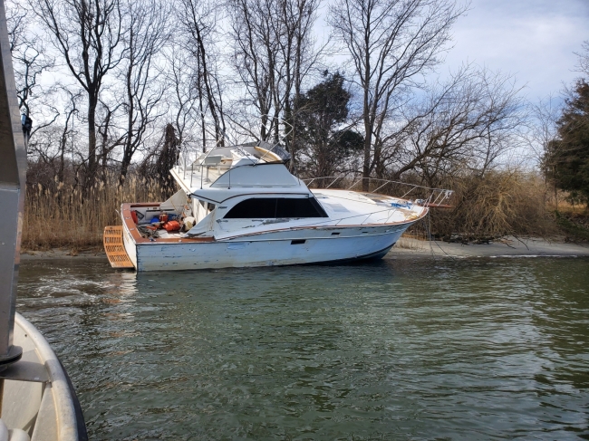 An abandoned boat stuck on a shoreline near trees and tall grass.