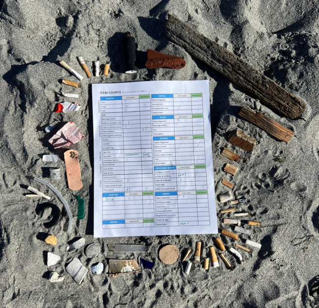 Marine debris materials including cigarettes and various plastic materials surrounding a printed item categorization datasheet. 