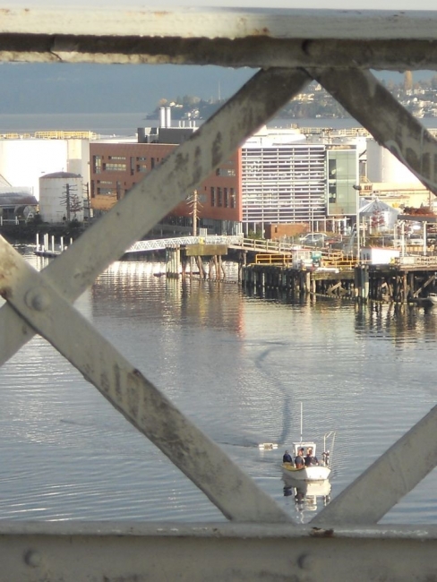 A boat hauling a sampling trawl.
