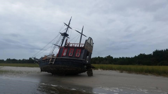 Pirate adventure vessel grounded by hurricane Matthew in the Rachel Carson Reserve, near Beaufort, NC.